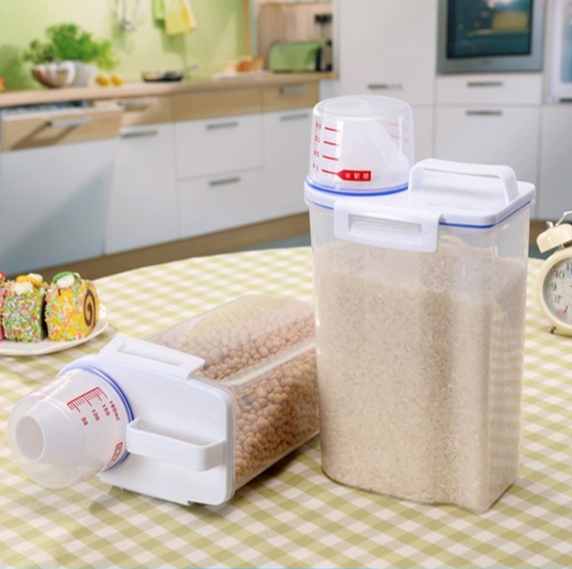 2/4 L Rice Container Storage - Airtight Dry Food Container Flour Dispenser with Measuring Cup + Pour Spout