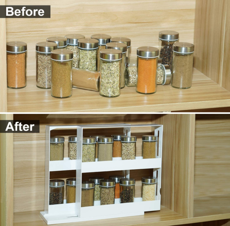 Rotating Spice Rack Plastic Seasoning Spice Jar Rack Storage 2 Tier Pull Out Kitchen Cabinet Organizer Slide Salt Bottle Box