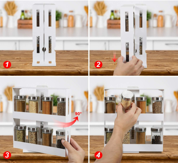 Rotating Spice Rack Plastic Seasoning Spice Jar Rack Storage 2 Tier Pull Out Kitchen Cabinet Organizer Slide Salt Bottle Box