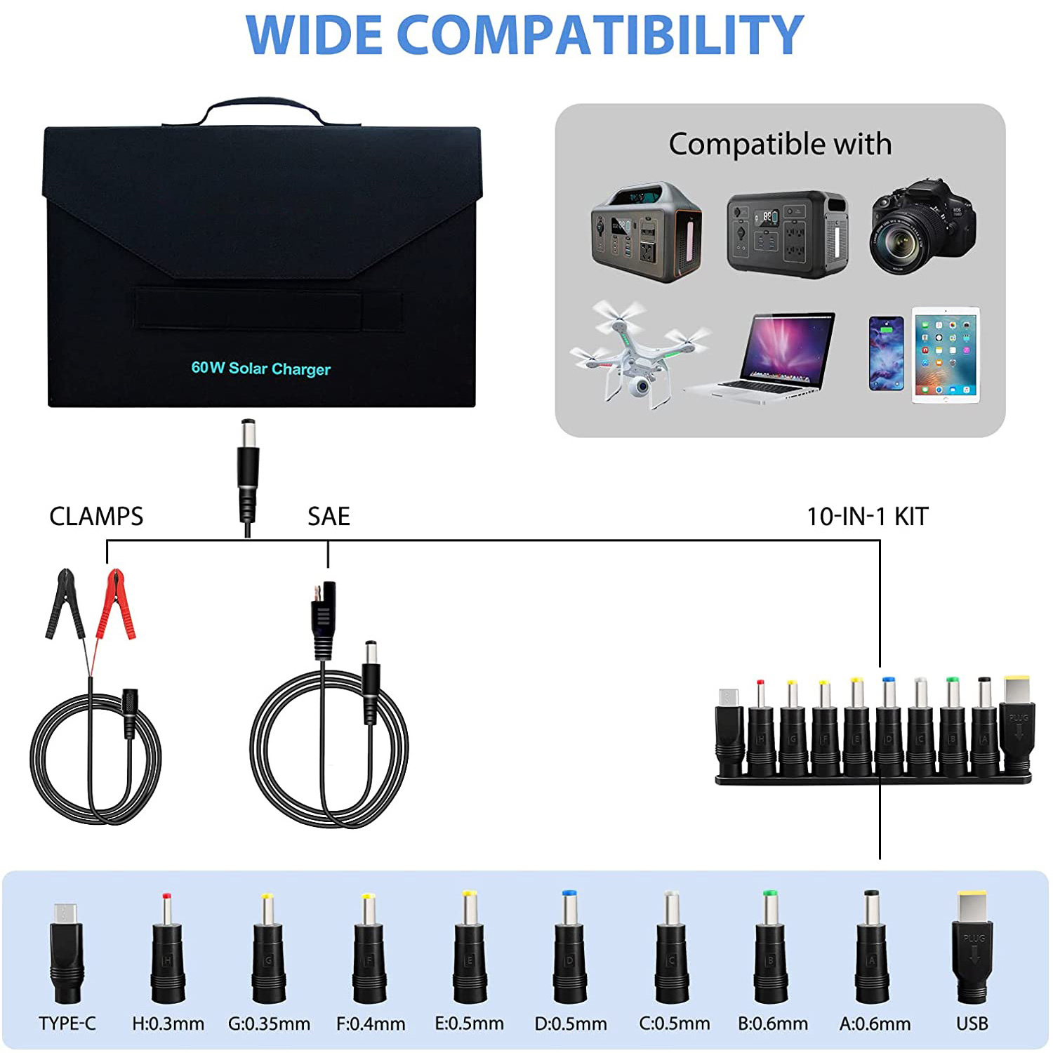 18 Voltage 60 Watts Portable Foldable Solar Panel Solar Battery Chargers with Waterproof Trickle Charger for Car