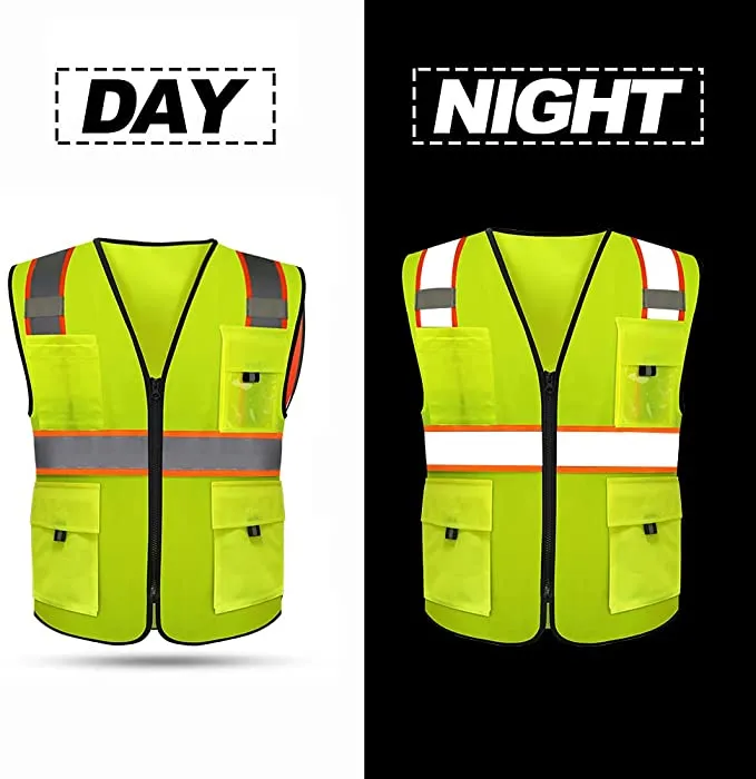 High Visibility Construction Work Vest with Pockets and Zipper Knitted Fabric Neon Yellow Safety Vest Meets ANSI/ISEA Standards