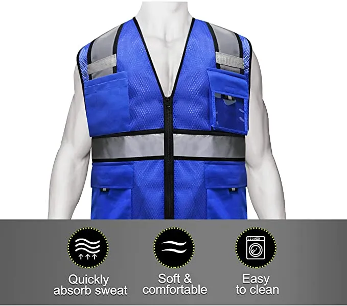 Mesh Safety Reflective Vest with Pockets and Mic Tabs Waterproof Yellow Orange Blue ANSI/ISEA Safety Mesh Vest for Construction