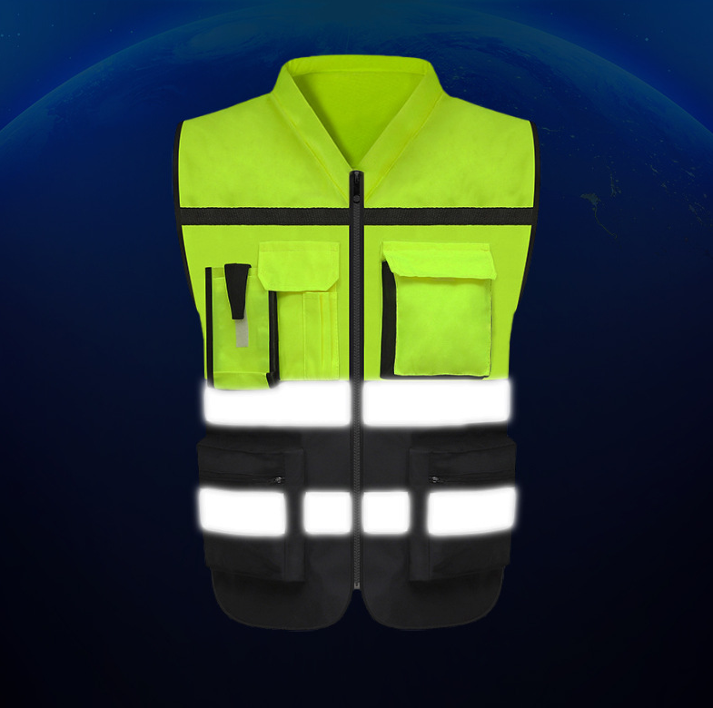 Logo Safty Jackets Black Bottom Reflectable Vest Working Clothes Engineer Zipper Muti Pockets Construction Hi Vis Workwear