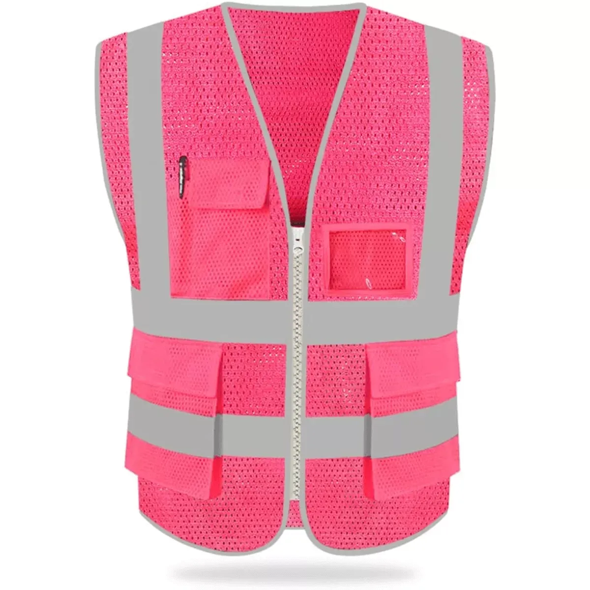 Pink Safety Vest with Pockets Class 2 Reflective Work Vest Mesh Neon Pink Reflective Strips ANSI Compliant Ladies Workwear