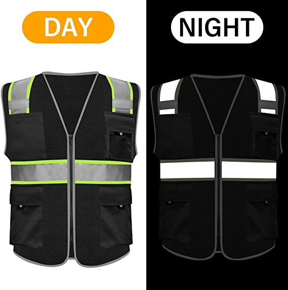 Black Safety Reflective Vest Mesh Multi Pockets Waterproof ANSI/ISEA Safety Mesh Construction Hi Vis workwear Overalls for Men