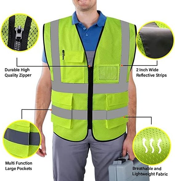 PROT Reflective Mesh Safety Vest with Pockets Clear PVC Card Pockets Zipper Front ANSI Class2 Neon Yellow Cooling Breathable