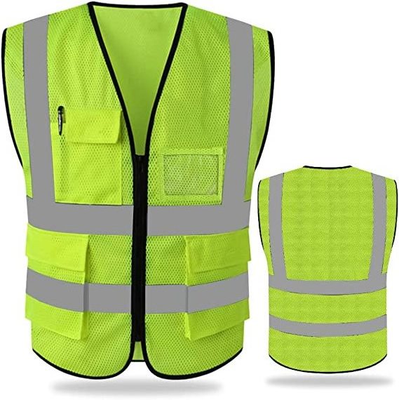 PROT Reflective Mesh Safety Vest with Pockets Clear PVC Card Pockets Zipper Front ANSI Class2 Neon Yellow Cooling Breathable