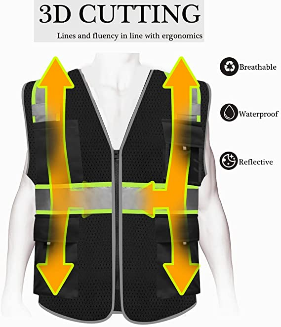 Black Safety Reflective Vest Mesh Multi Pockets Waterproof ANSI/ISEA Safety Mesh Construction Hi Vis workwear Overalls for Men