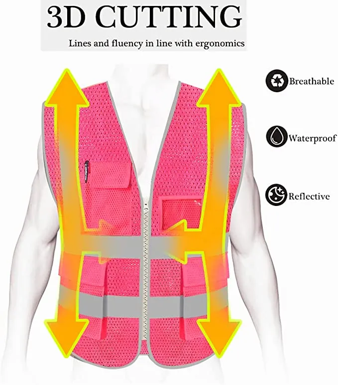 Pink Safety Vest with Pockets Class 2 Reflective Work Vest Mesh Neon Pink Reflective Strips ANSI Compliant Ladies Workwear