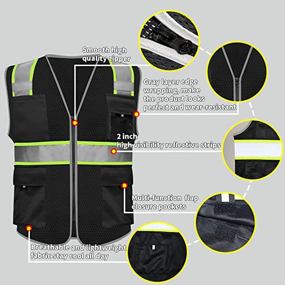 Black Safety Reflective Vest Mesh Multi Pockets Waterproof ANSI/ISEA Safety Mesh Construction Hi Vis workwear Overalls for Men