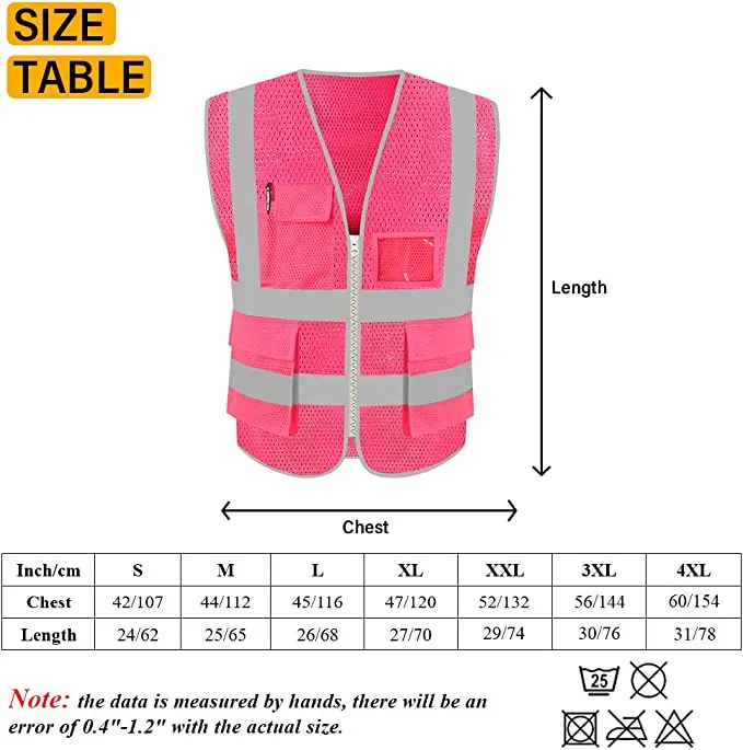 Pink Safety Vest with Pockets Class 2 Reflective Work Vest Mesh Neon Pink Reflective Strips ANSI Compliant Ladies Workwear