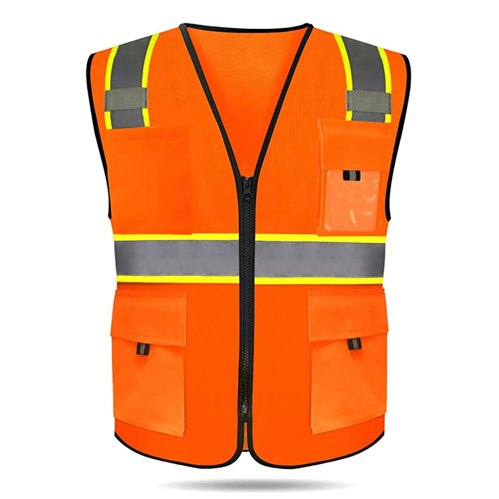 High Visibility Construction Work Vest with Pockets and Zipper Knitted Fabric Neon Yellow Safety Vest Meets ANSI/ISEA Standards