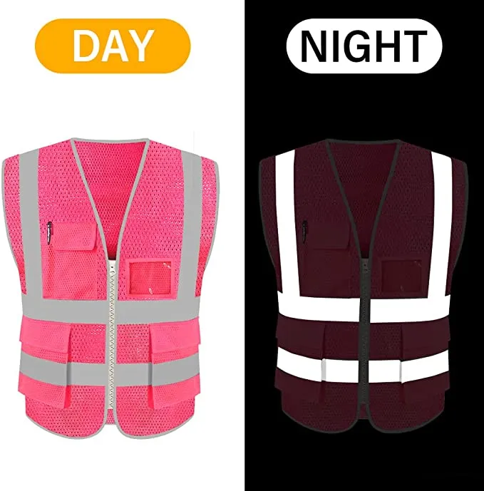 Pink Safety Vest with Pockets Class 2 Reflective Work Vest Mesh Neon Pink Reflective Strips ANSI Compliant Ladies Workwear