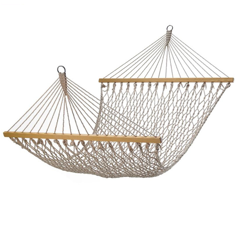 Two Person Sleeping Bed Swing Double Cotton Rope Hammock with Wood Spreader Bar (450 LB Capacity)