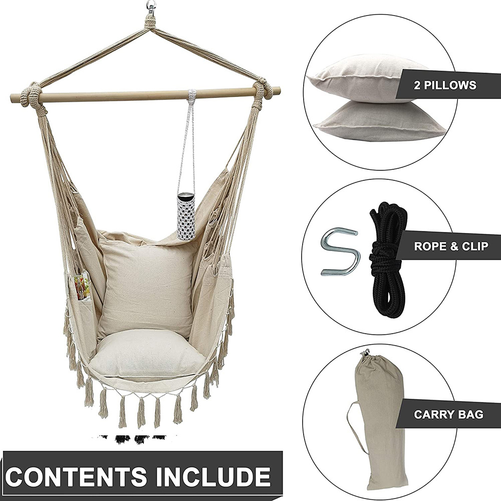 Foldable Steel Support Bar Macrame Hammock Swing Chair with Carry Bag