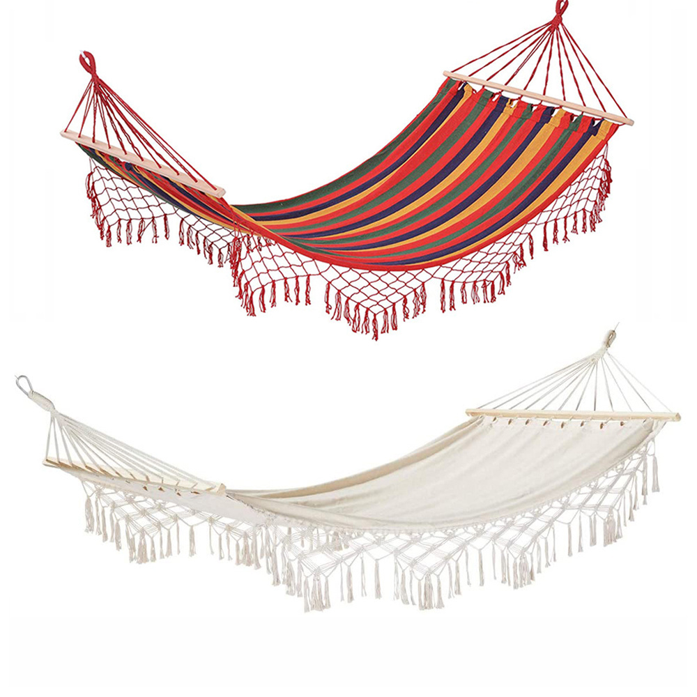 Modern Sturdy Fringe Outdoor Hammock with Wooden Bar