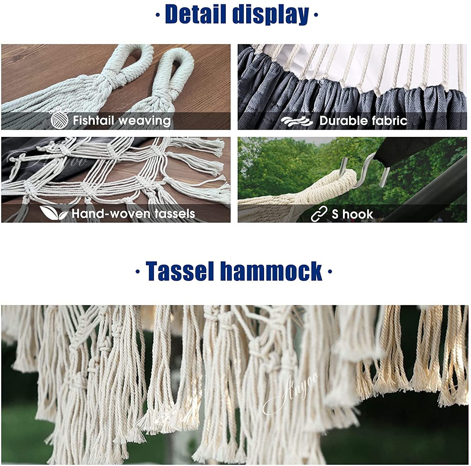 Double Boho Macrame Hammock with Elegant Tassels for Patio/ Yard/ Beach Wedding Decor/ Outdoor and Indoor