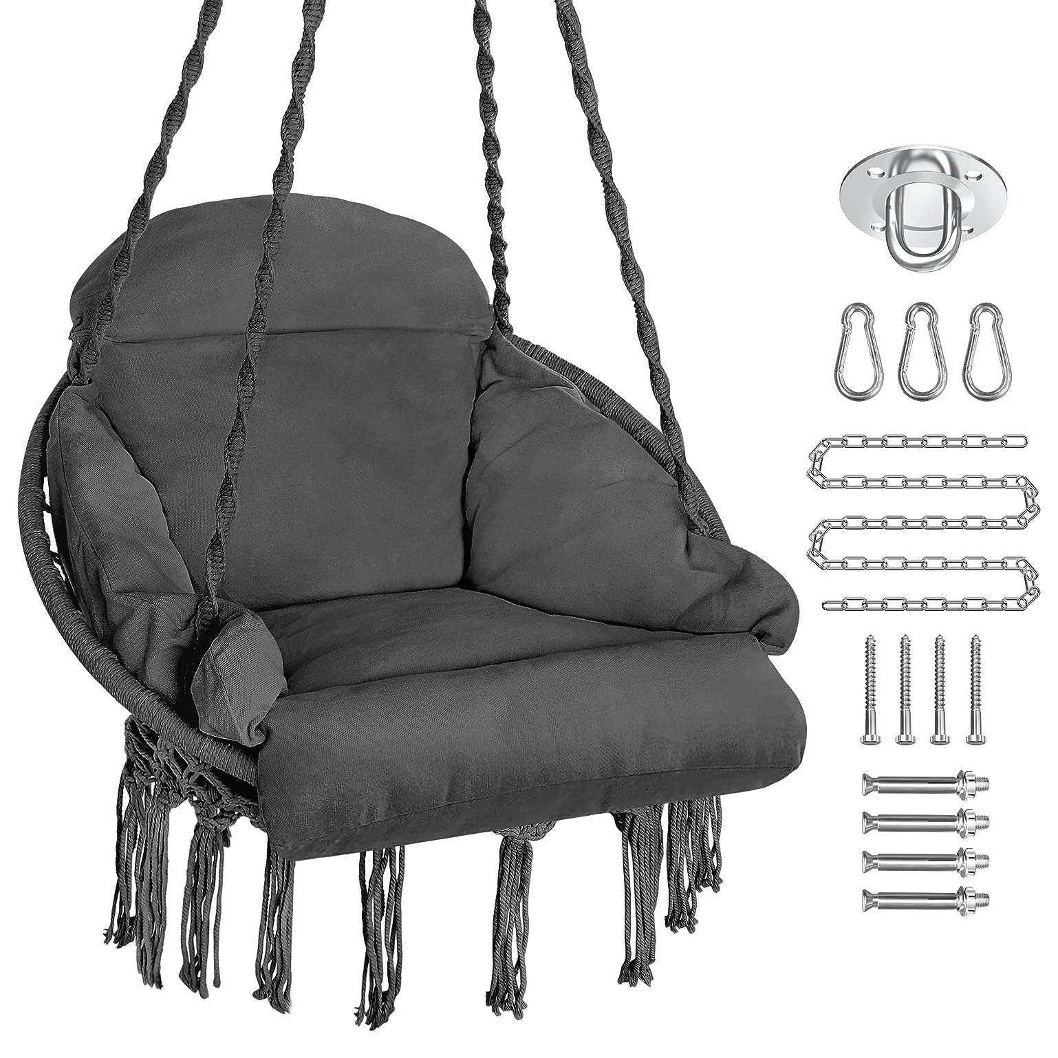 Hammock Chair with Cushion, Handmade Macrame Swing Chair with Hanging Hardware Kits