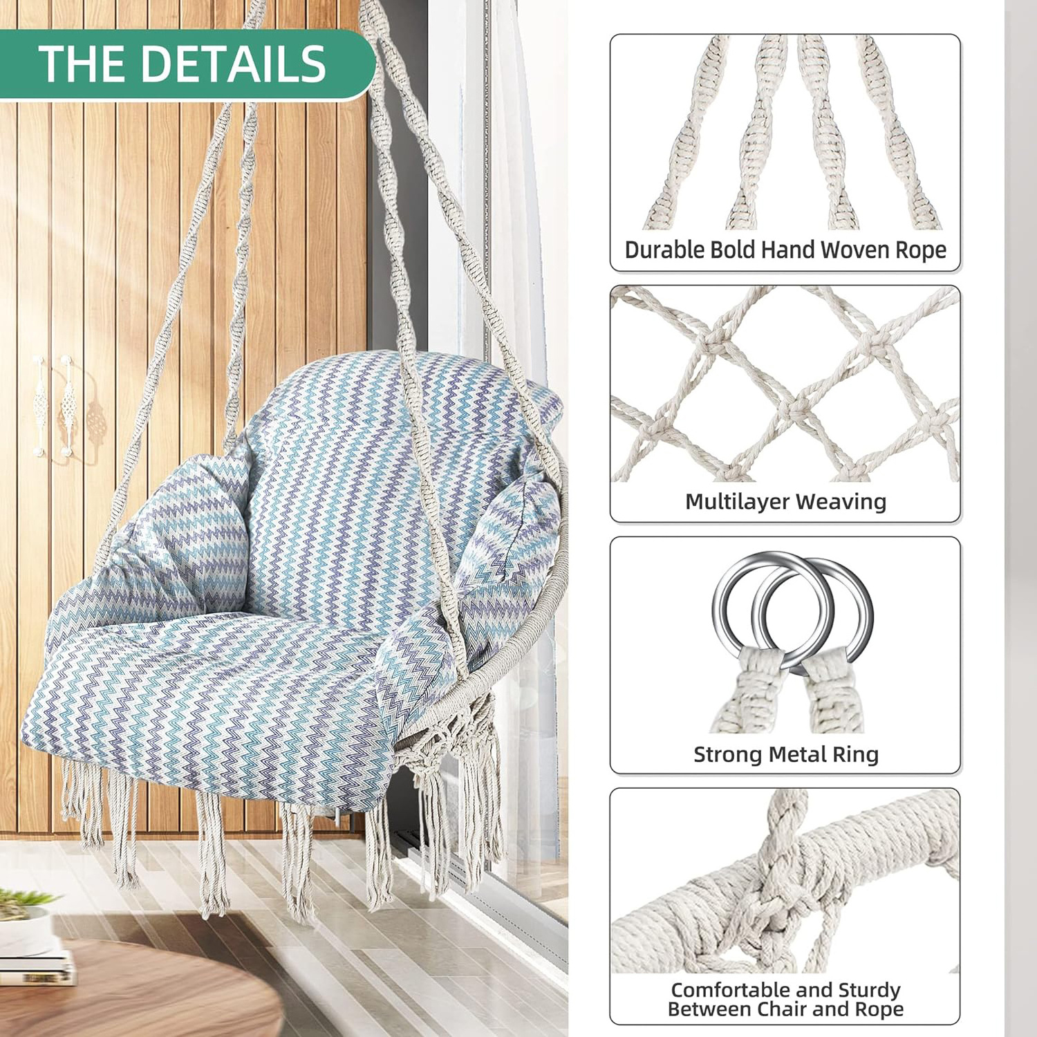 Hammock Chair with Cushion, Handmade Macrame Swing Chair with Hanging Hardware Kits