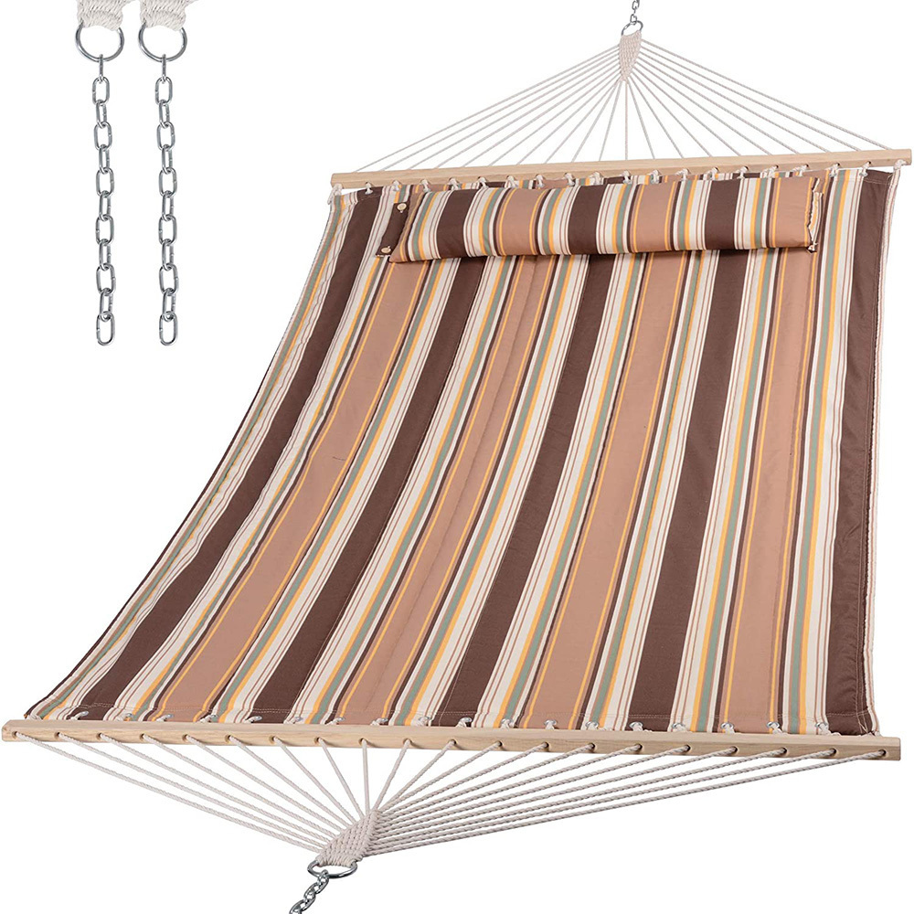 Outdoor Quilted Canvas Double Hammock with Hardwood Spreader