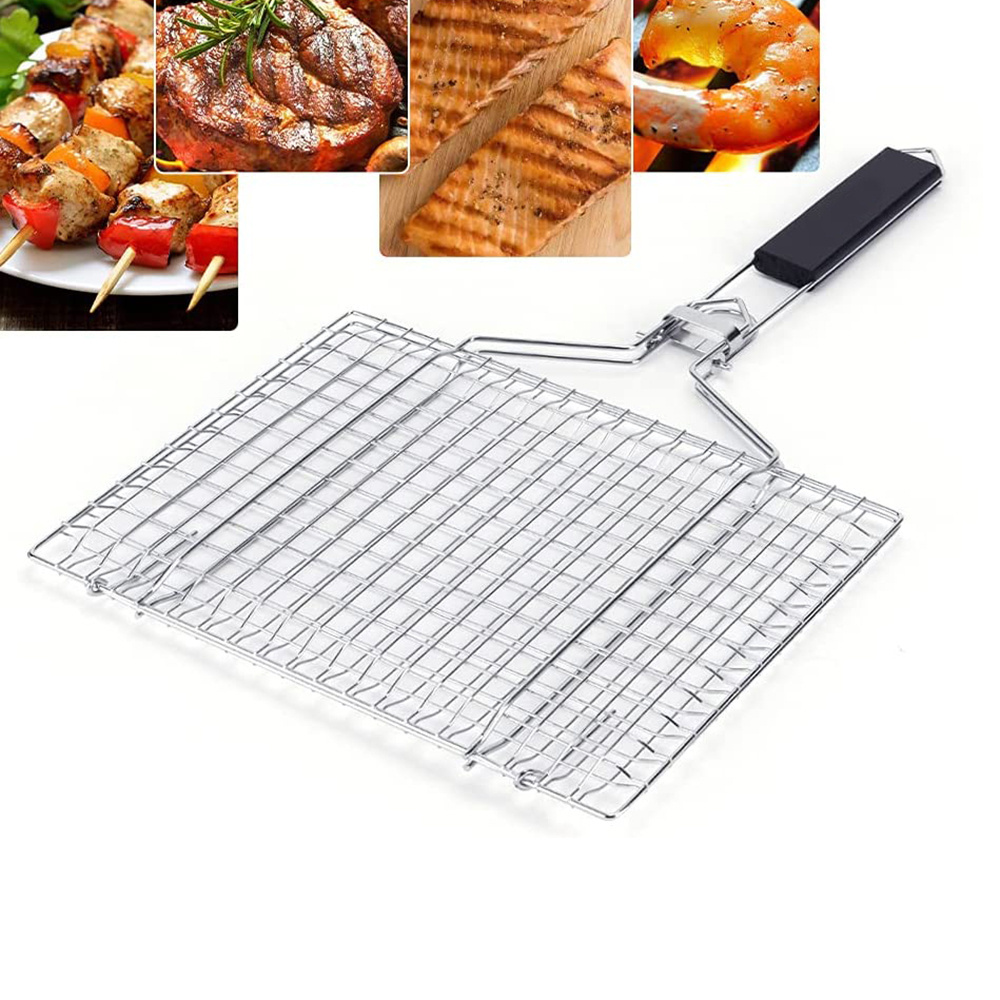 Portable BBQ Wire Mesh Fish Grill Basket with Detachable Handle