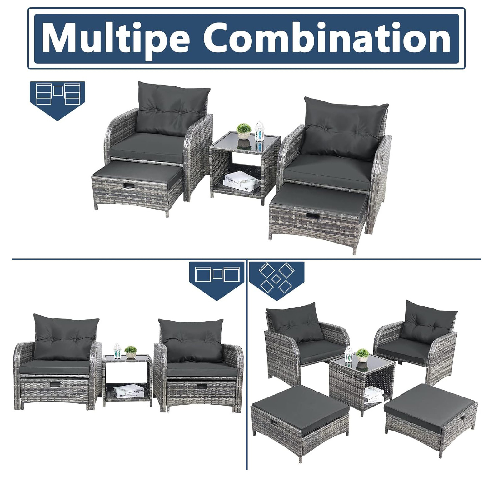 Patio Sofa Set All Weather Wicker Outdoor Sectional PE Rattan Furniture Set for Patio/Garden/Lawn/Poolside/Balcony