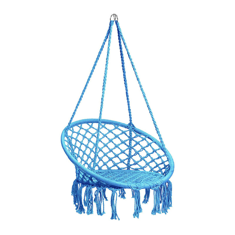 Boho Style Soft and Durable Poly-cotton Rope Weaving Round Swing Chair with Tassels for Bedroom Patio Garden