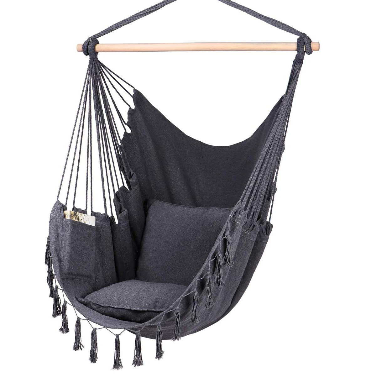 Scandi-Boho Style Polycotton Macrame Swing Chair with 2 Seat Cushions