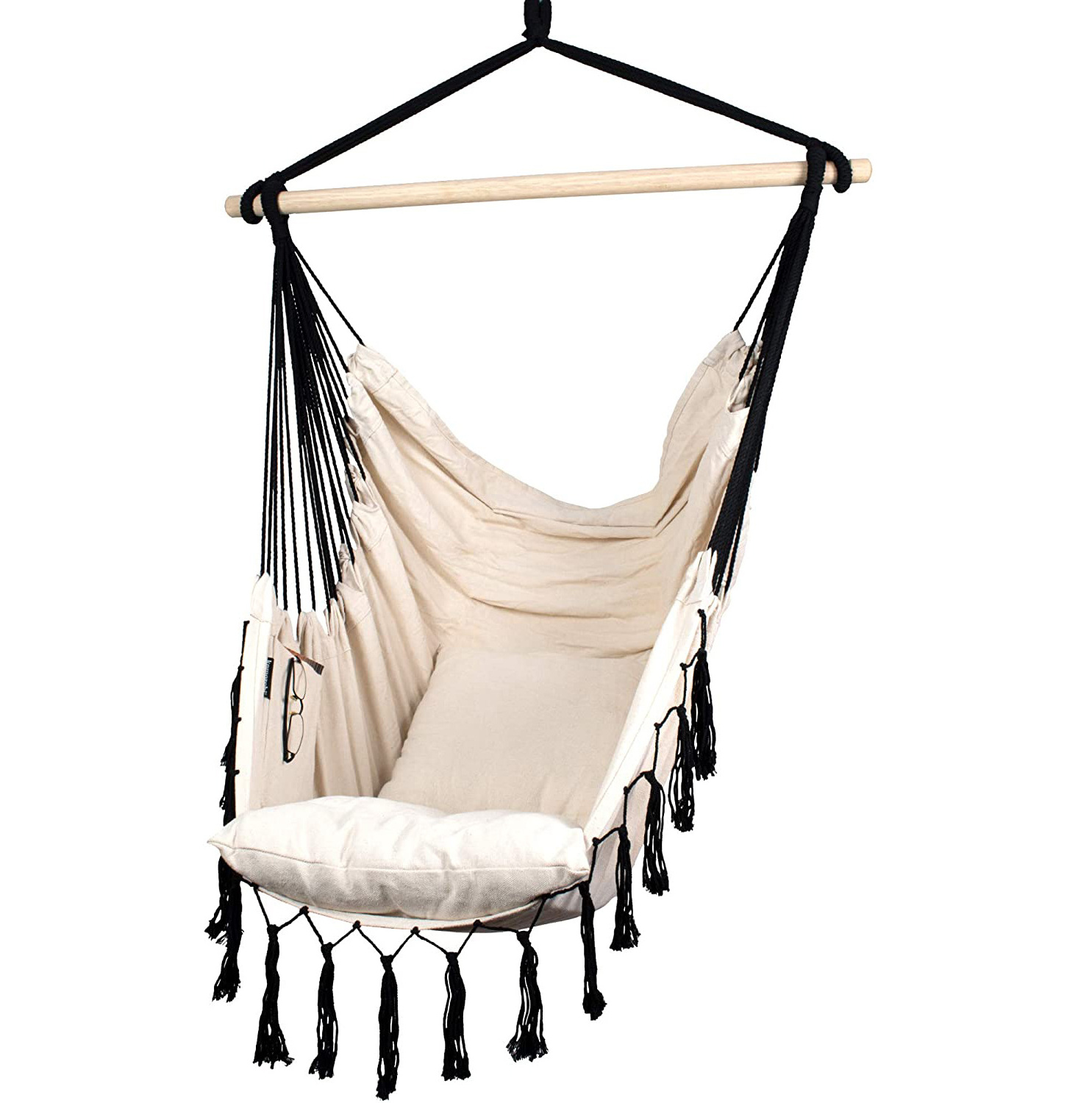 Scandi-Boho Style Polycotton Macrame Swing Chair with 2 Seat Cushions