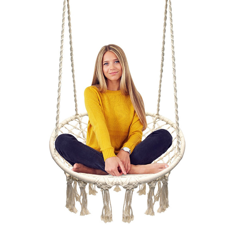 Boho Style Soft and Durable Poly-cotton Rope Weaving Round Swing Chair with Tassels for Bedroom Patio Garden