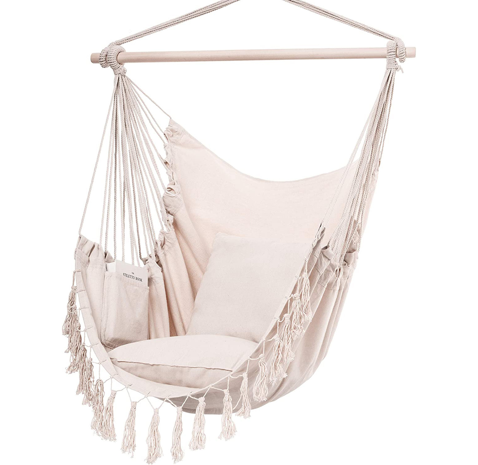 Scandi-Boho Style Polycotton Macrame Swing Chair with 2 Seat Cushions