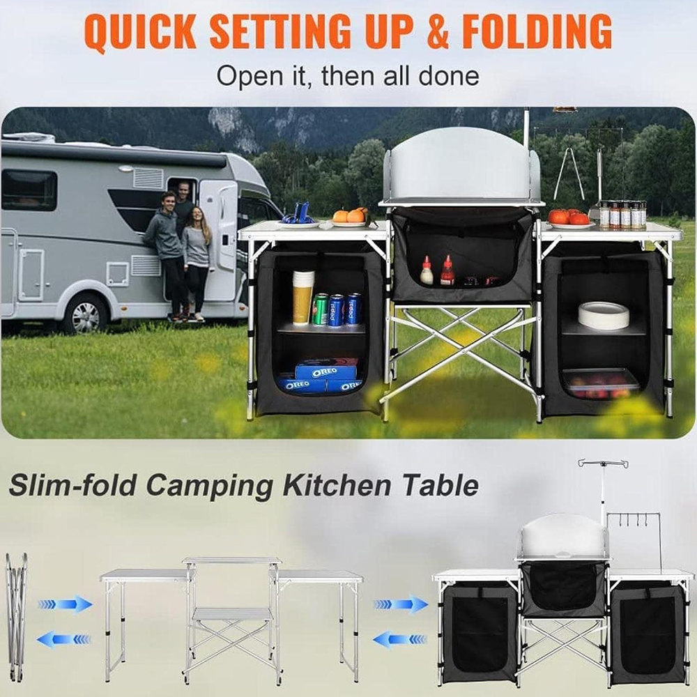 Outdoor Cooking Station Aluminum Foldable Table Camping Kitchen Table with Windscreen