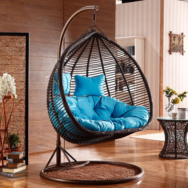 Modern outdoor furniture PE Rattan Garden Swing Double egg hanging swing chair with Stand