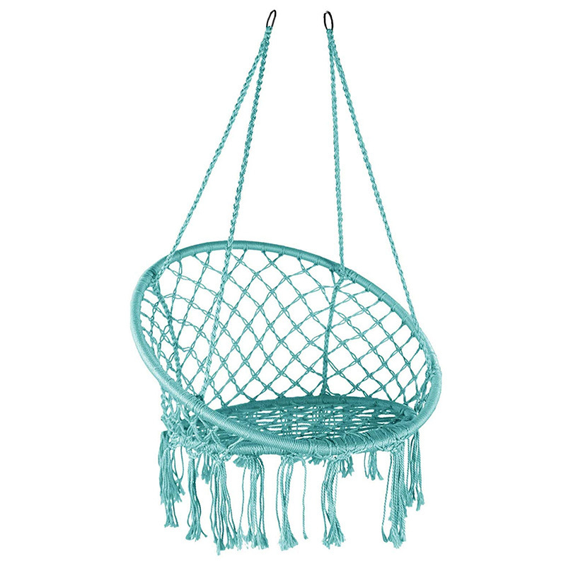 Boho Style Soft and Durable Poly-cotton Rope Weaving Round Swing Chair with Tassels for Bedroom Patio Garden