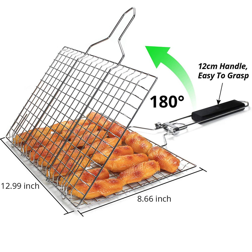 Portable BBQ Wire Mesh Fish Grill Basket with Detachable Handle