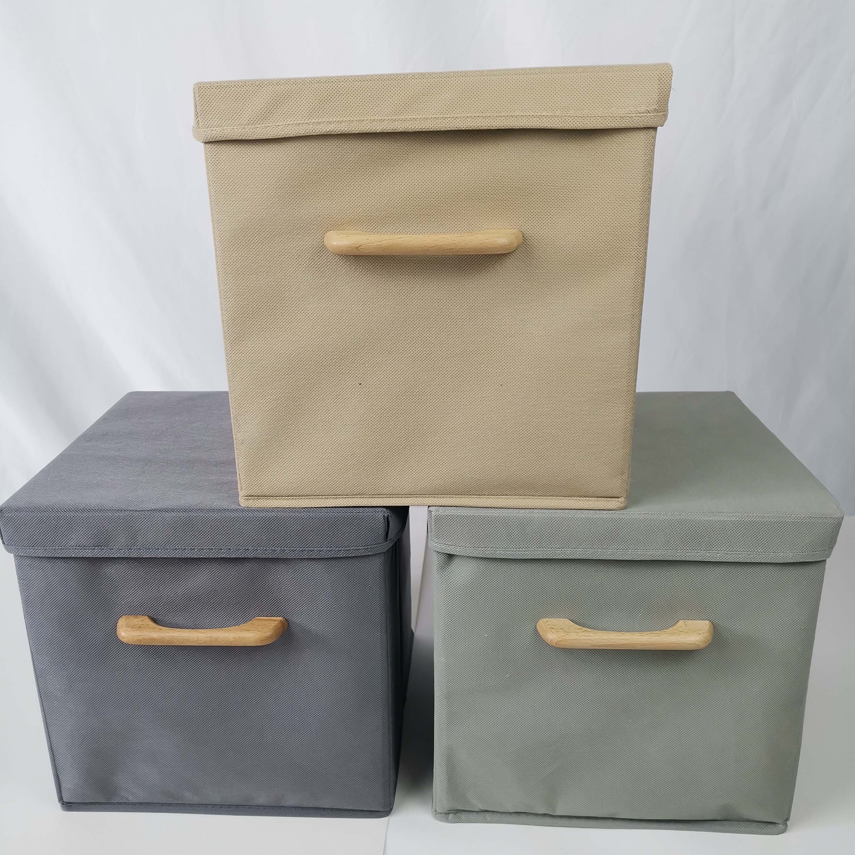 Foldable Storage cubes, Fabric Organizer Bins With wood Handle, For Organizing cubby or Closet Shelves