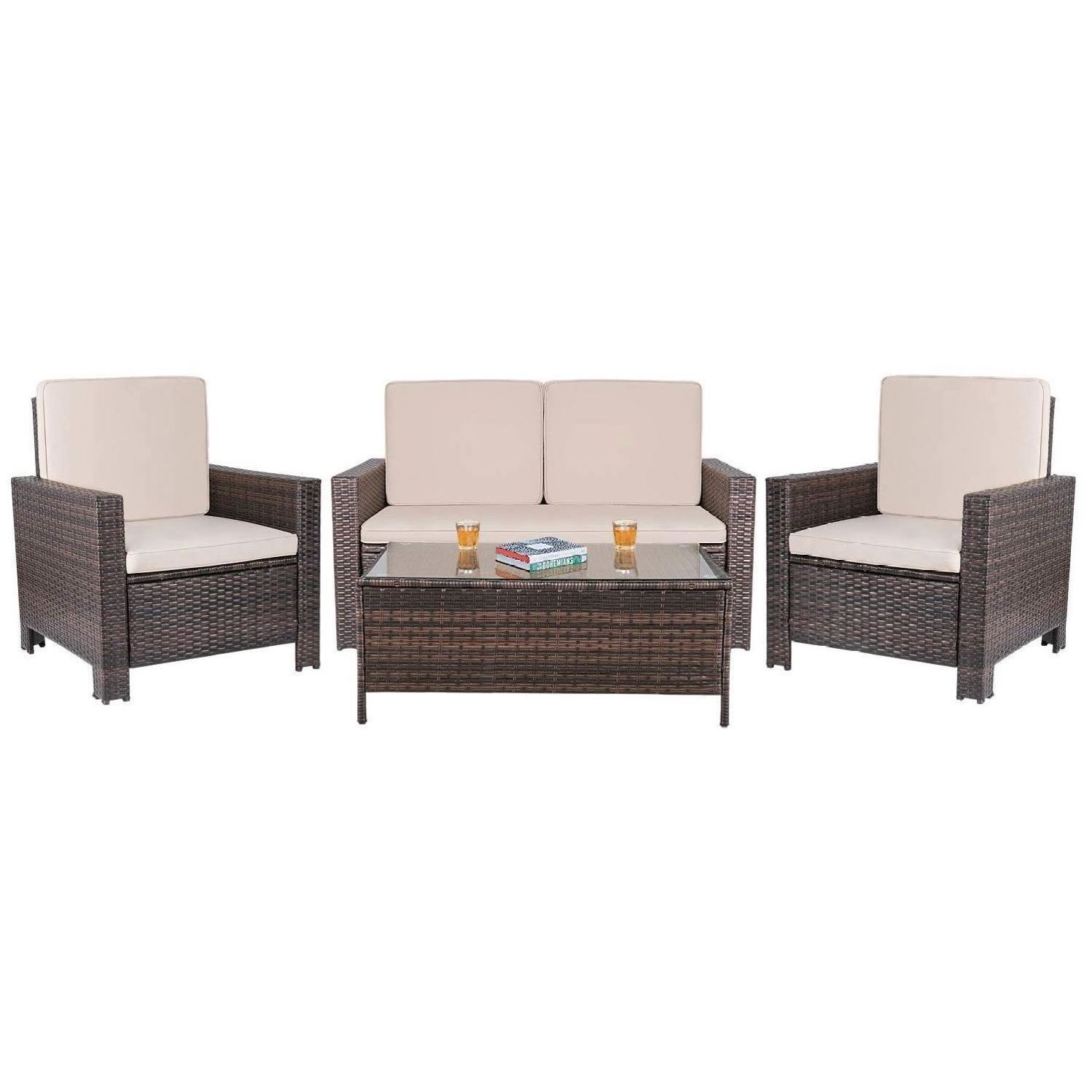 Wicker Rattan Furniture Garden Sofa Chair Set with Cushion 4 Piece Patio Conversation Set Outdoor Carton Packing Classic