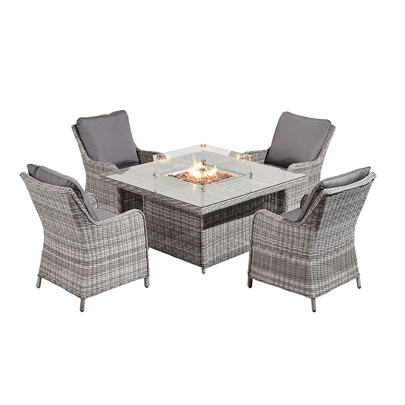 Aura Half Round Rattan Four Seat Dining Set Square Fire Pit Table High Outdoor Furniture Modern Dining Sofa