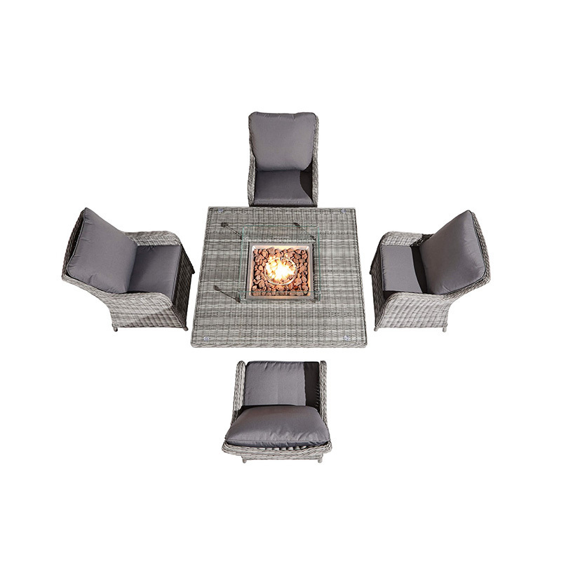 Aura Half Round Rattan Four Seat Dining Set Square Fire Pit Table High Outdoor Furniture Modern Dining Sofa