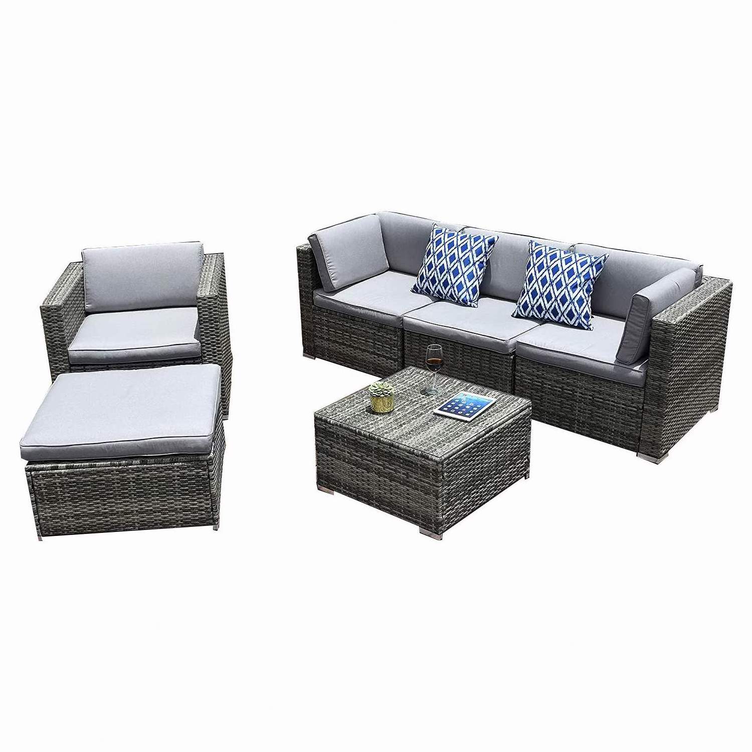 6 Pieces Patio Furniture Set Outdoor Sectional Sofa PE Rattan Wicker Conversation Set Outdoor Couch