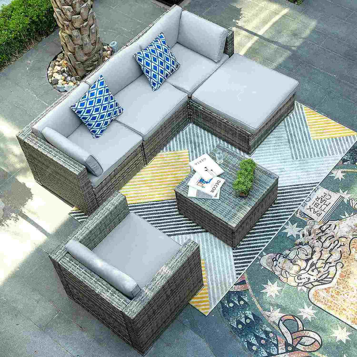 6 Pieces Patio Furniture Set Outdoor Sectional Sofa PE Rattan Wicker Conversation Set Outdoor Couch