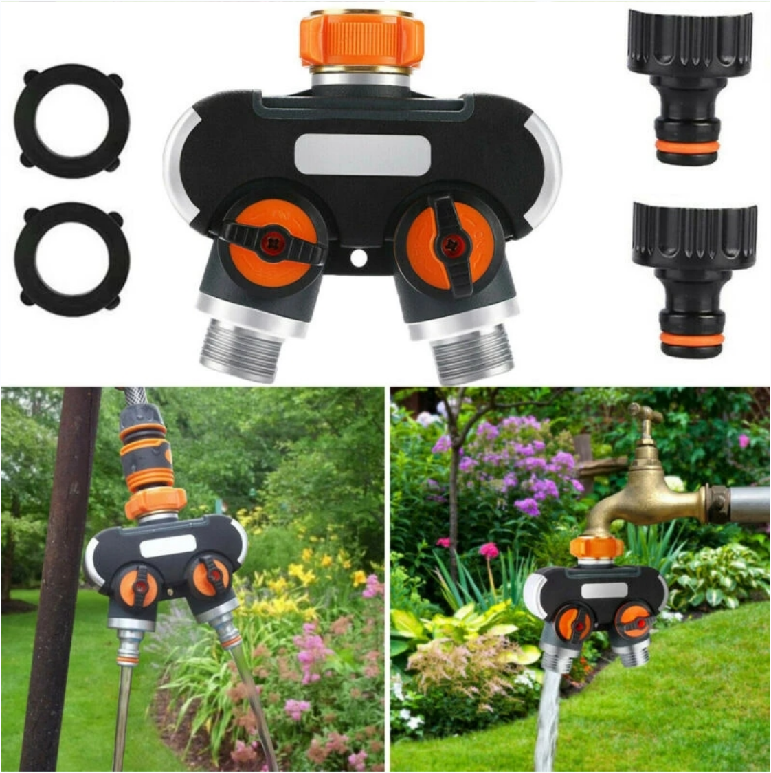 Water Faucet Splitter with Comfortable Rubberized Grip, 2 Way Hose Splitter Heavy Duty for Outdoor and Indoor Use