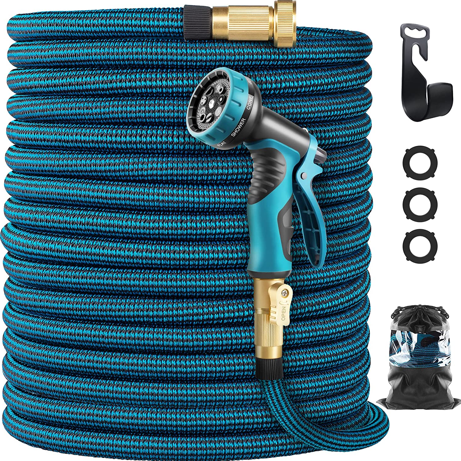 Garden Hose Expandable Hose,  Water Hose with 10 Spray Nozzle, Car Wash Hose with Solid Brass Connector