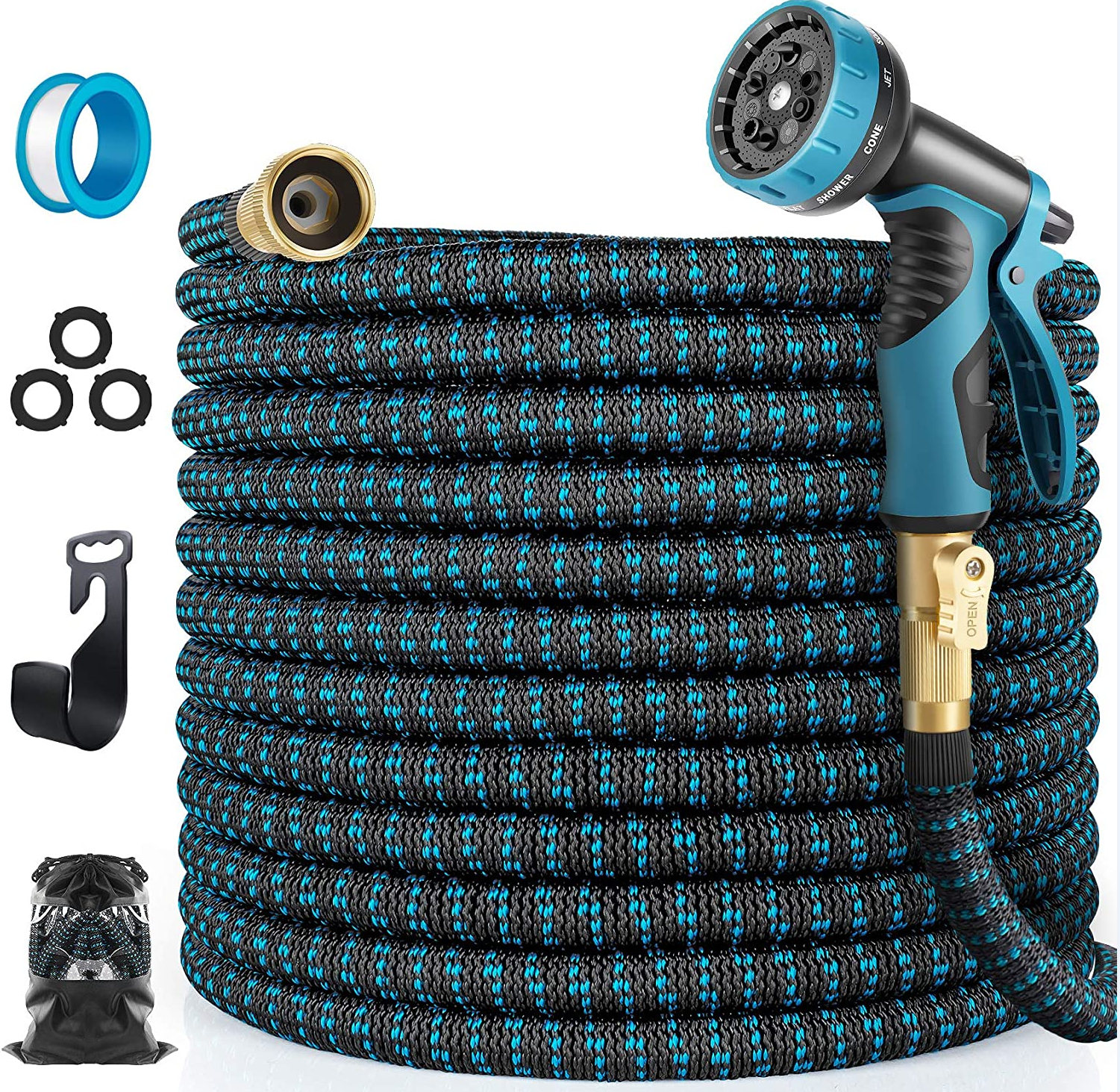 Garden Hose Expandable Hose,  Water Hose with 10 Spray Nozzle, Car Wash Hose with Solid Brass Connector