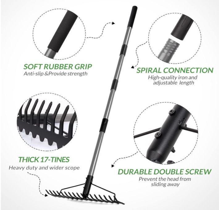 5.4FT Bow Rake Heavy Duty Garden Rake with Stainless Steel Handle, 17 Steel Tines Metal Head Rake Tool