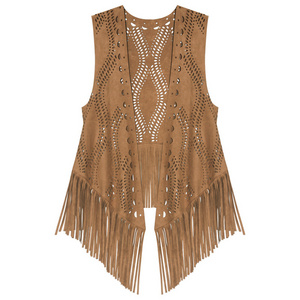 Women Fringed Suede Faux Fur Sleeveless Vest Streetwear Female Tassel Hollow Vest