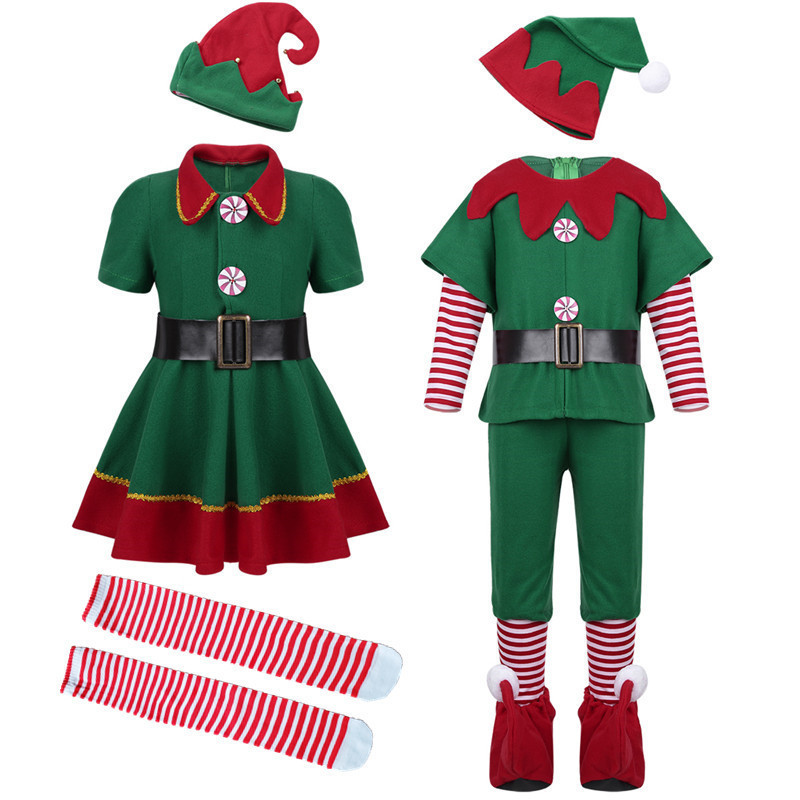 Halloween Costume Adults Kid Green Christmas Elf Clothing Cosplay Parent-Child Wear Adult Children Men Women Xmas Party Costume