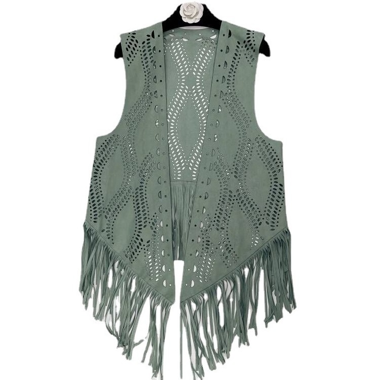 Women Fringed Suede Faux Fur Sleeveless Vest Streetwear Female Tassel Hollow Vest