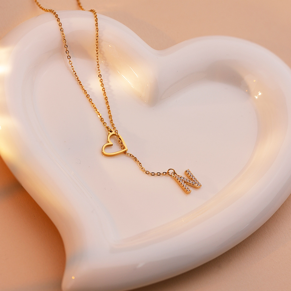 Women Jewelry Mother's Day Gifts Stainless Steel Heart Shaped Rhinestone 26 Initials Letters Necklace