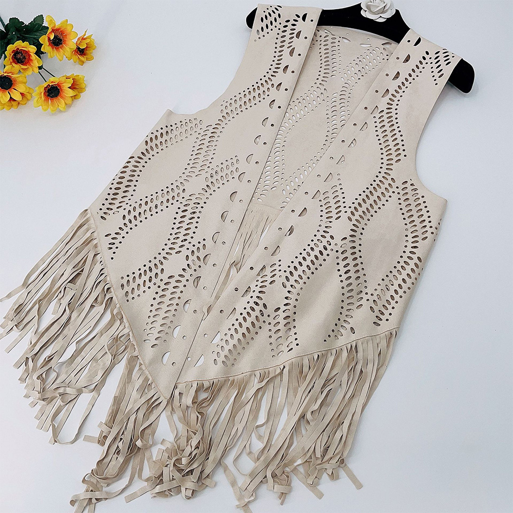 Women Fringed Suede Faux Fur Sleeveless Vest Streetwear Female Tassel Hollow Vest